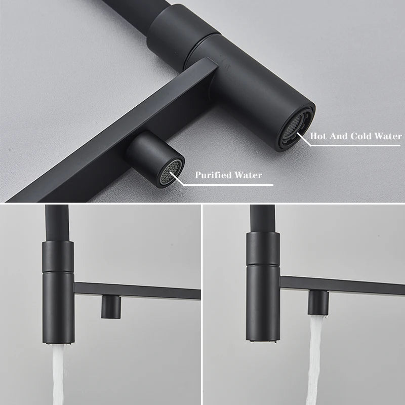 Filtered Kitchen Faucets Dual Spout Filter Faucet Mixer Pull Out Spray 360 Rotation Water Purification 3 Ways Sink Mixer Kitchen