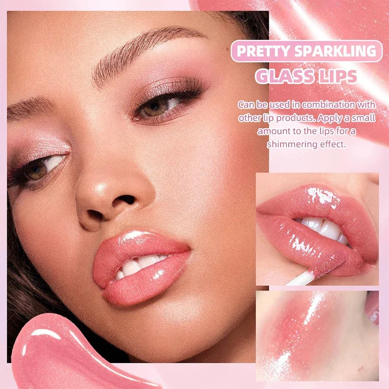 Shimmering taro purple lip gloss with gold sparkles for a moisturizing, plumping, glassy jelly shine finish.