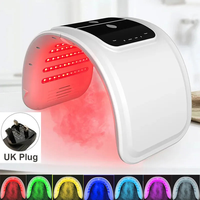 White arched LED facial therapy device emitting red light, with a control panel and included UK power plug.