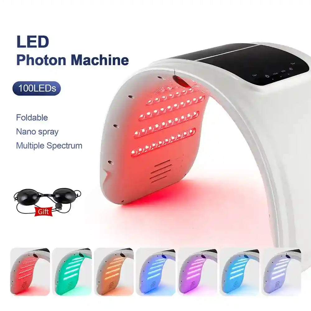 White, foldable LED facial therapy machine emitting red light, with thumbnails showing 7 different color modes.