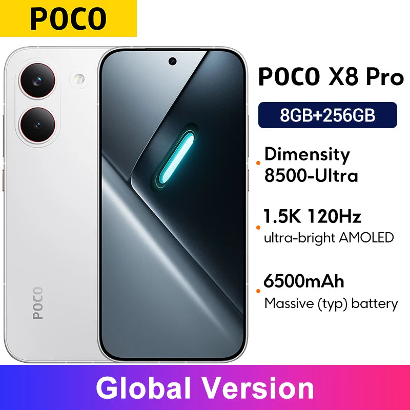 White POCO X8 Pro smartphone, 1.5K 120Hz AMOLED display, Dimensity 8500-Ultra, 6500mAh battery, global version.
