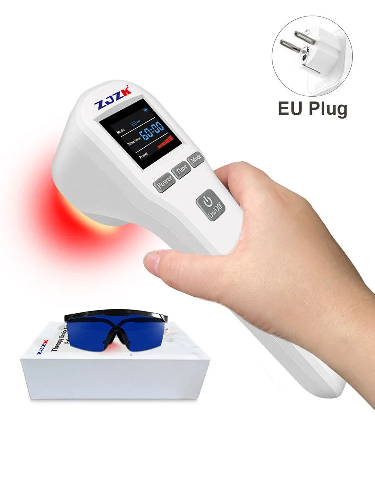 Handheld white red light therapy device with digital screen, control buttons, safety goggles, and EU plug.