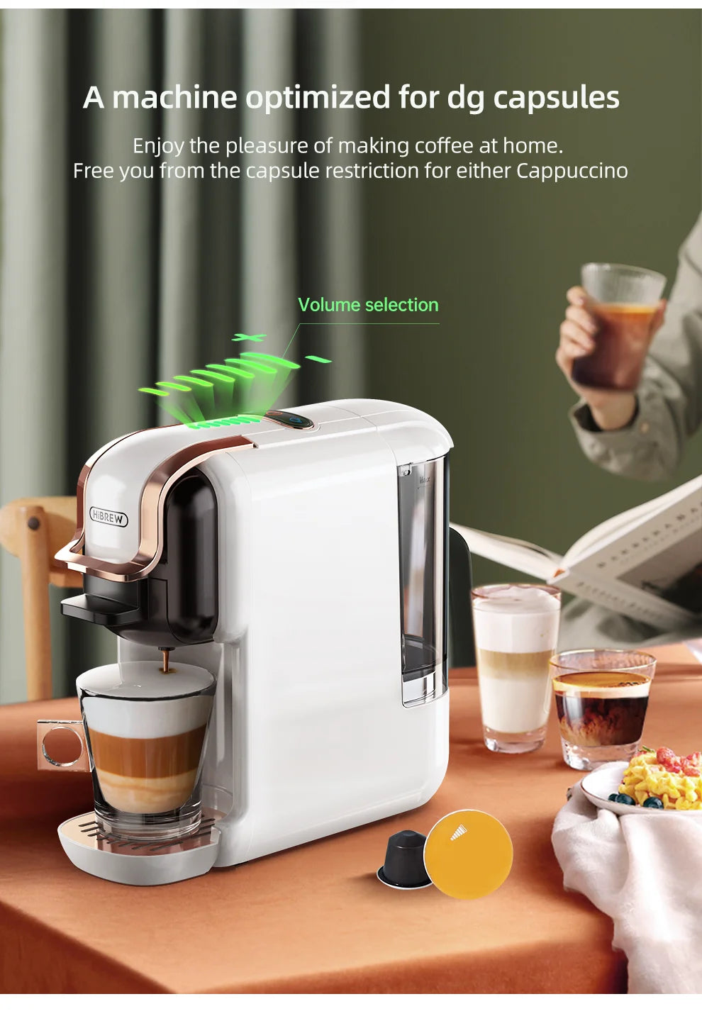 HiBrew white and rose gold capsule coffee machine for DG capsules with volume selection feature on a table.