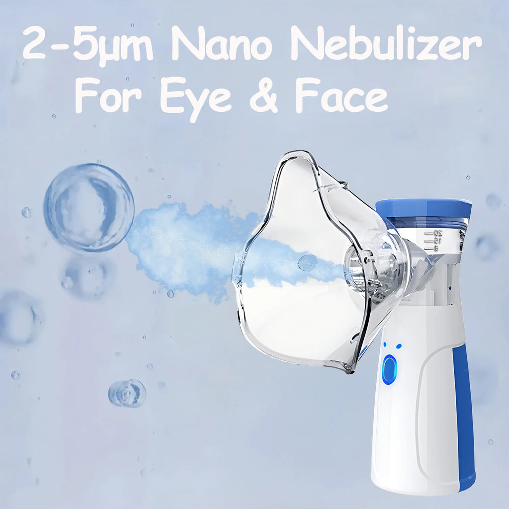 Portable nano ionic facial steamer with clear mask, releasing cool mist for eye and face hydration and skin care.
