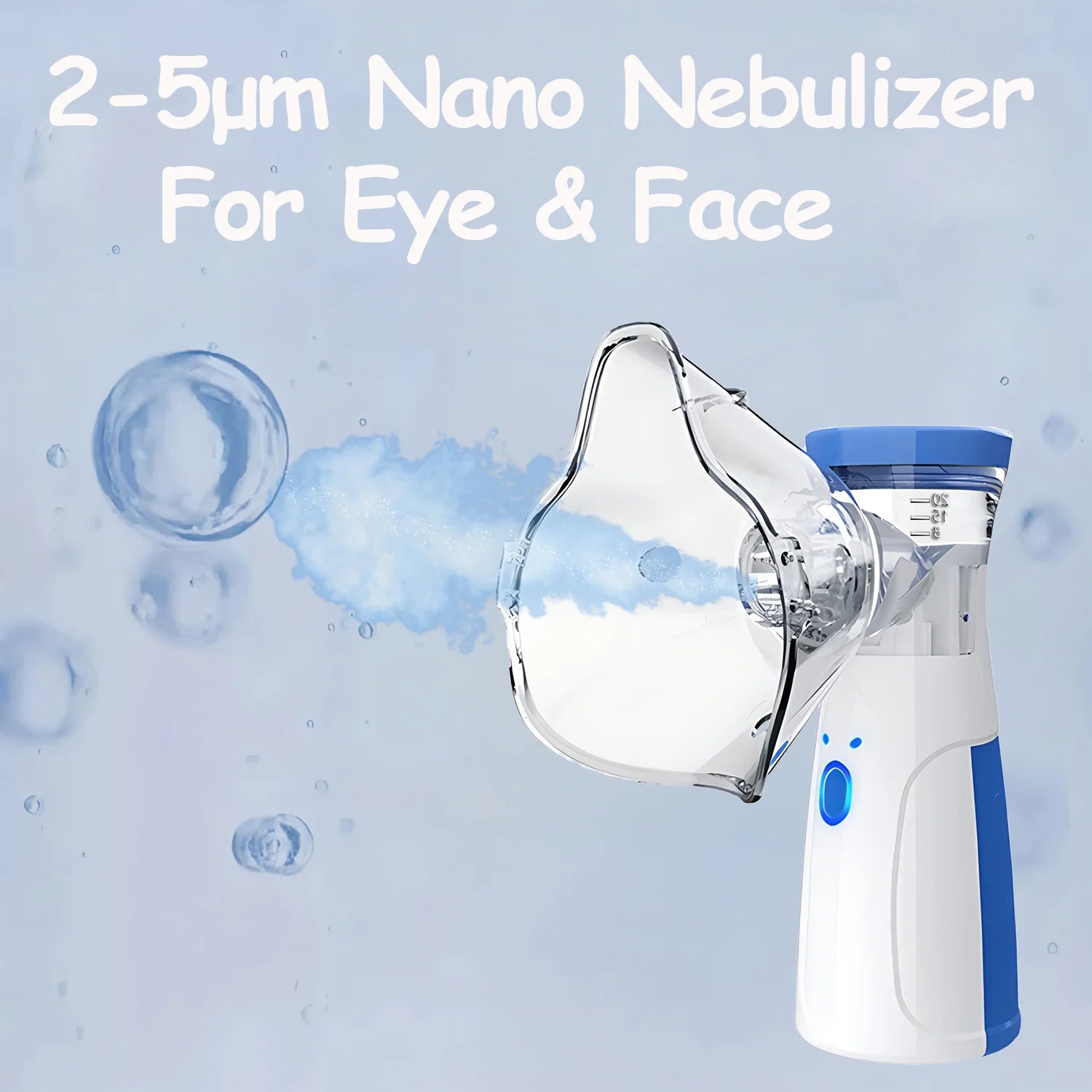 Portable nano ionic facial steamer with clear mask, releasing cool mist for eye and face hydration and skin care.