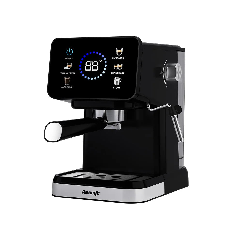 Aeomjk black espresso machine with digital touch display, milk steam wand, and metal portafilter for home brewing.