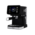 Aeomjk black espresso machine with digital touch display, milk steam wand, and metal portafilter for home brewing.