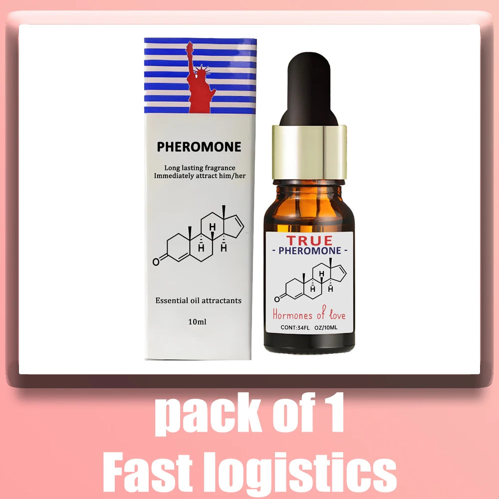 True Pheromone essential oil, 10ml amber dropper bottle, long-lasting unisex scent for attraction and dating.