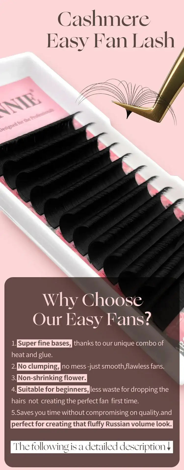Abonnie black cashmere easy fan eyelash extension tray with gold tweezers lifting a cluster of fine lashes.