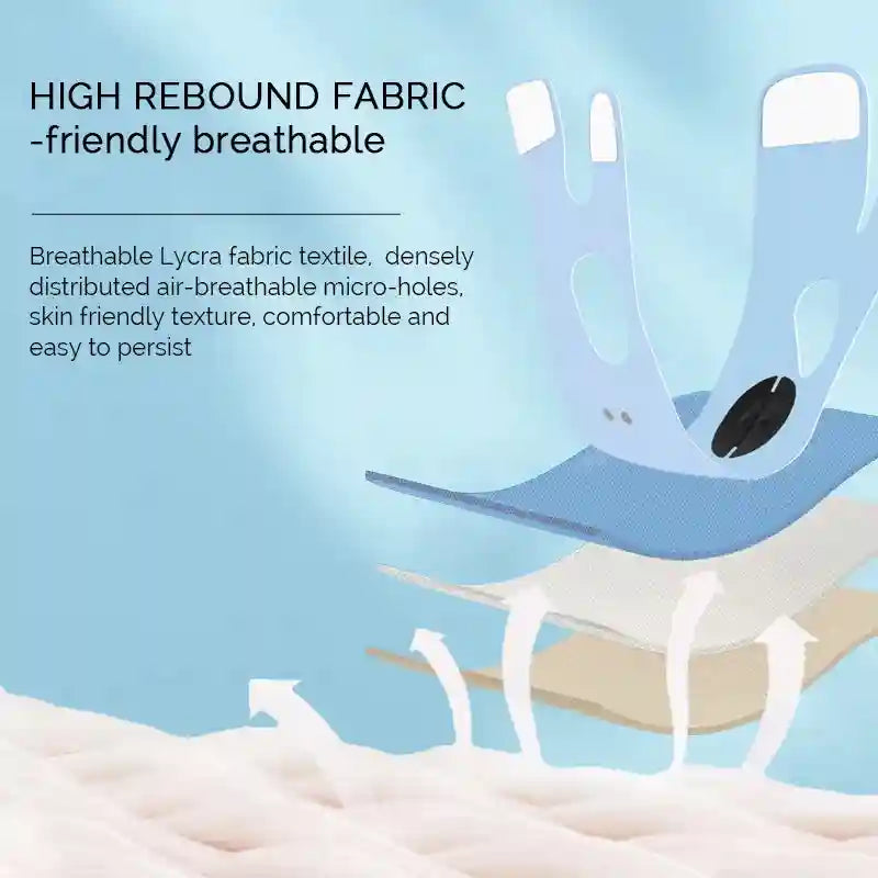 Blue, breathable Lycra facial slimming strap with multi-layered fabric and white arrows indicating airflow.