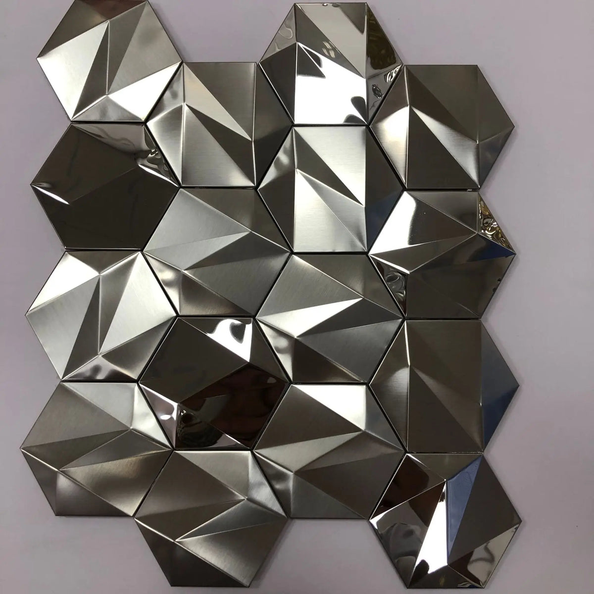 Hexagon self-adhesive metal mosaic tiles panel, silver reflective hexagon mosaic sheet.