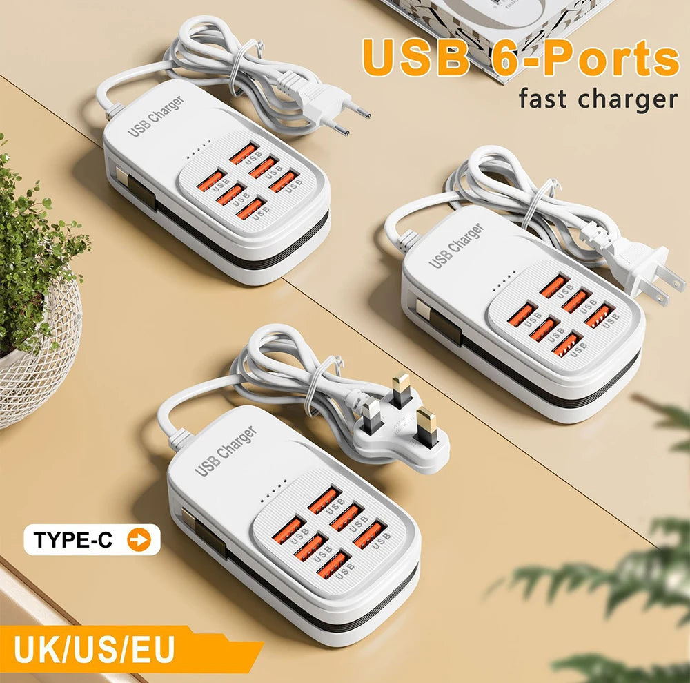 EU/US/UK 6-Ports USB Charging Extension Socket with Type-C Cable 3USB 3PD Power Strip Desktop Charging Station HUB Adapter 5V2A
