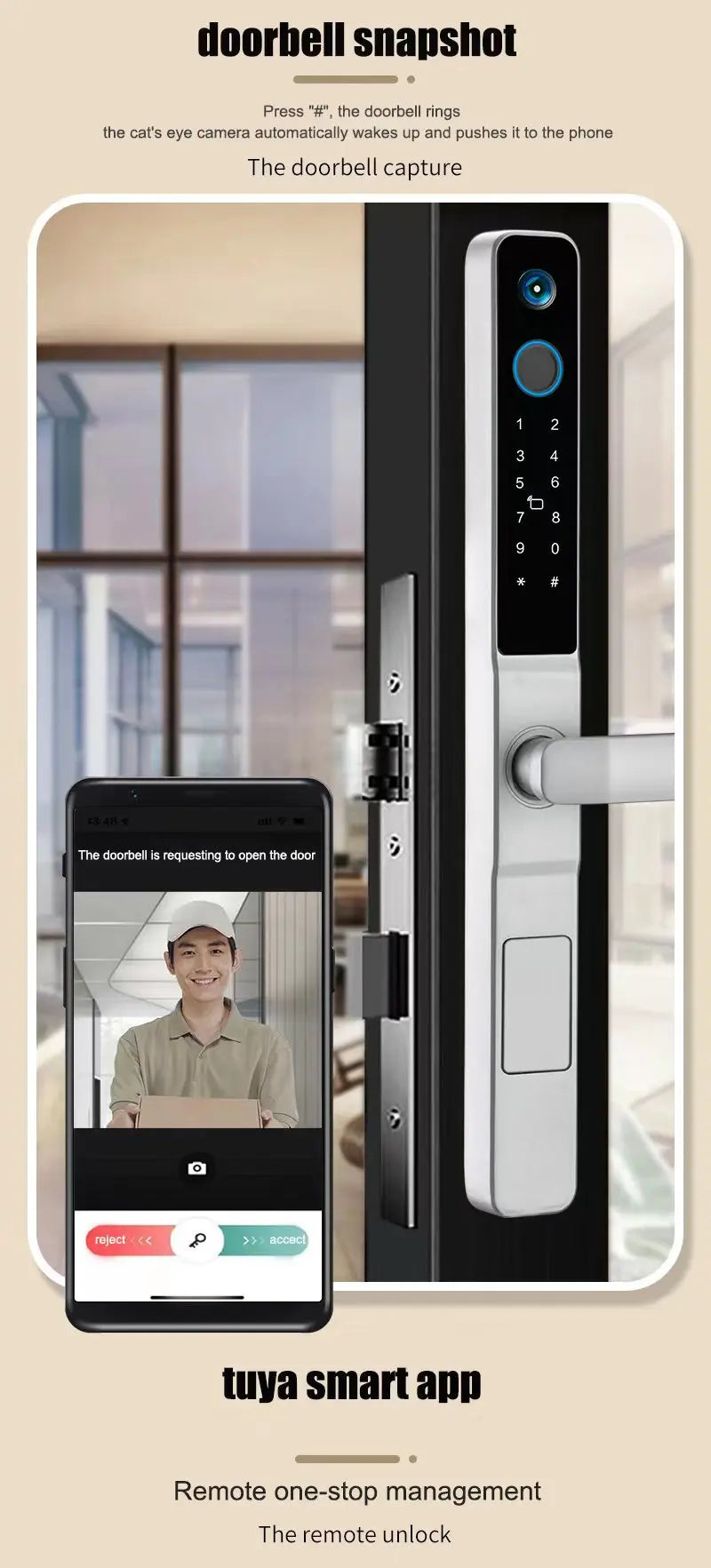 Peephole Camera Smart Aluminum Lock Euro 3592 Mortise Waterproof Tuya Wifi Fingerprint Digital Lock of UPVC Grill Sliding Door