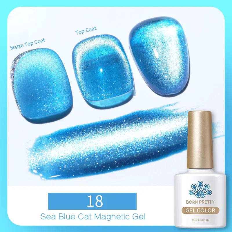 Sea blue magnetic gel polish with shimmer, shown in nail swatches with matte and glossy top coats and a bottle.