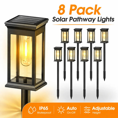 Solar pathway light set, 8-pack black IP65, warm glow filament LED, adjustable height