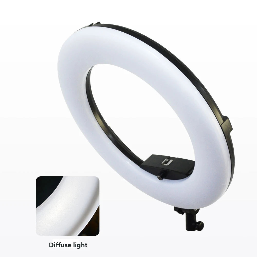 Circular LED ring light with a white matte diffuser for soft, even lighting in photography and video.