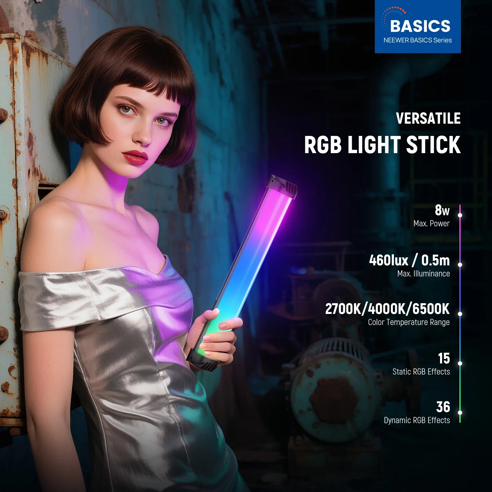 A hand-held, cylindrical RGB light stick emitting vibrant colors, used for photography and creative lighting effects.