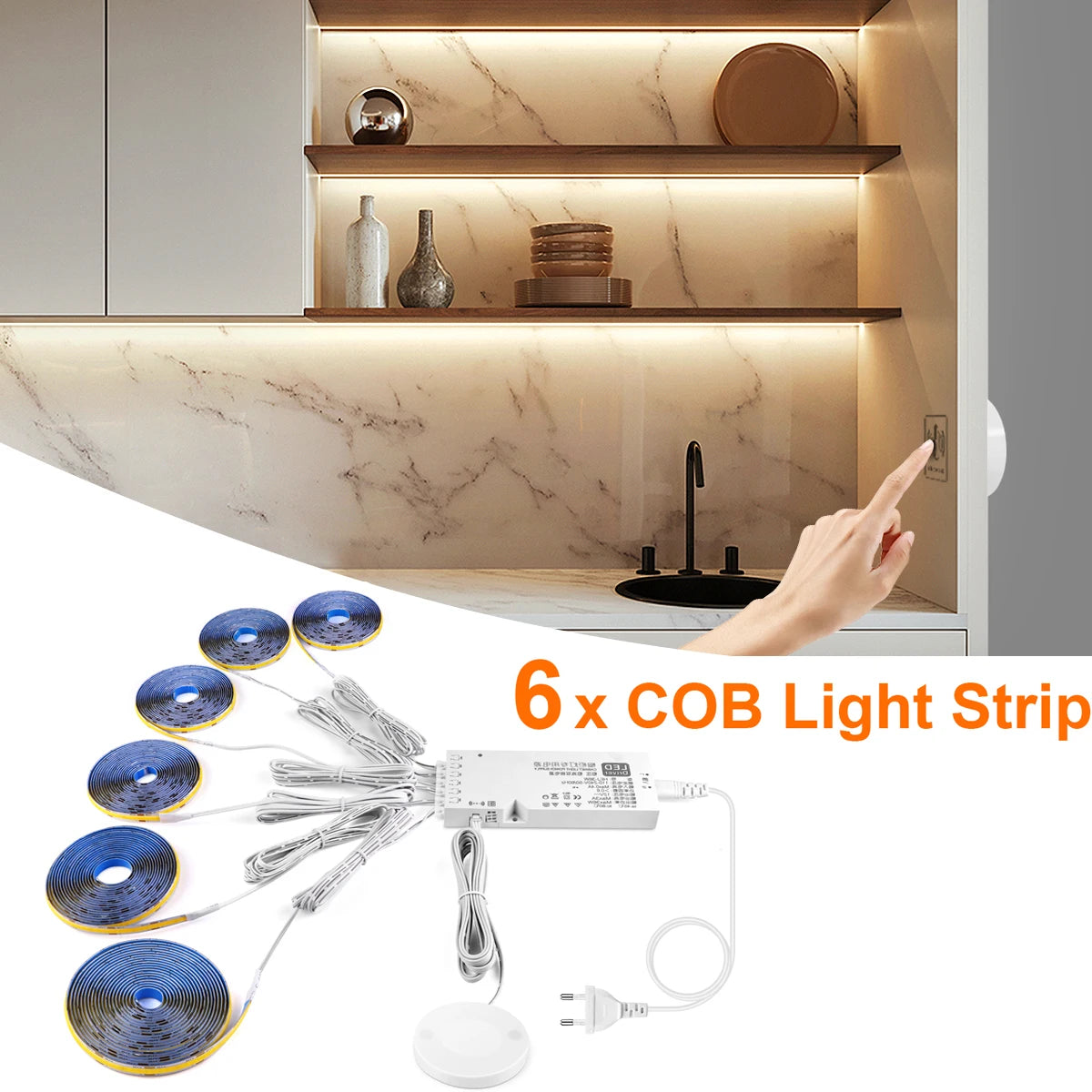 COB LED strip light kit with controller, power leads, and multiple blue LED reels