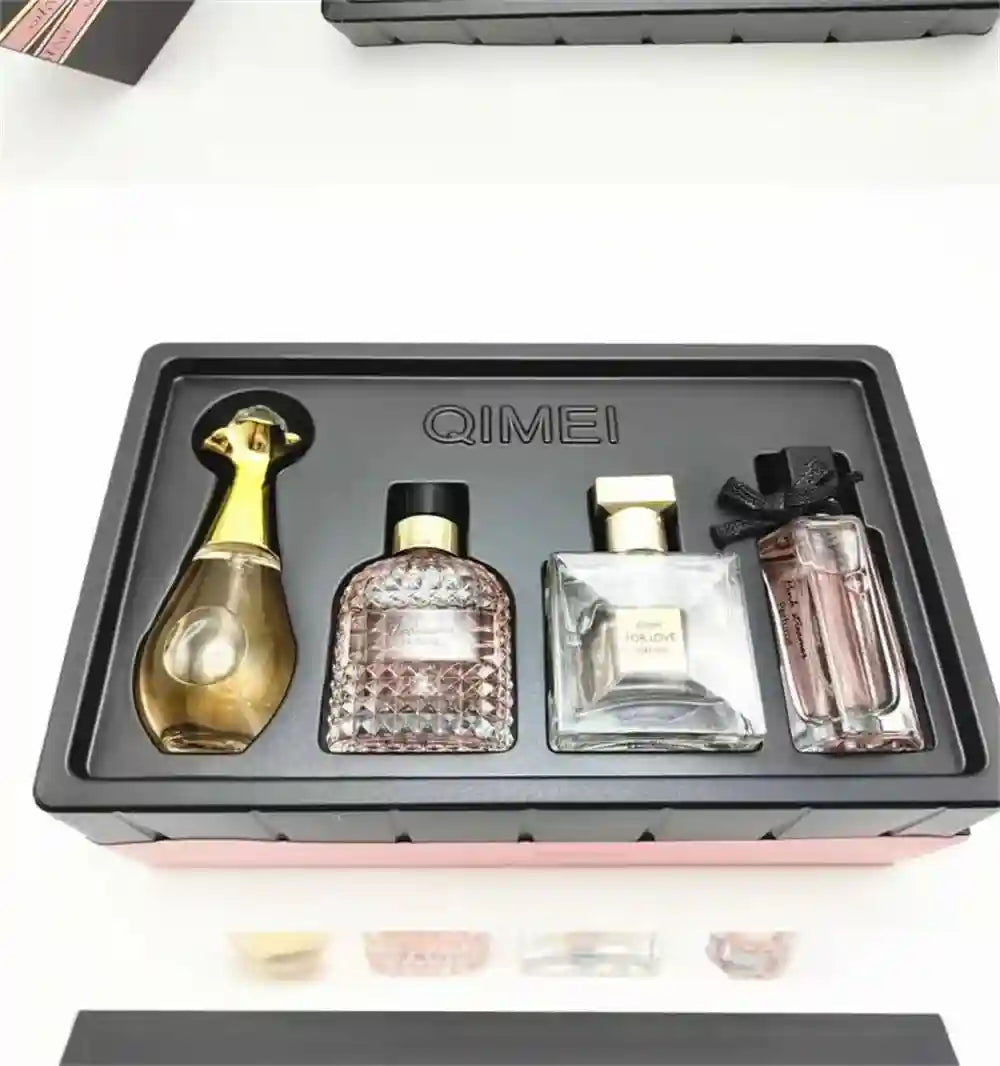 QIMEI 4-piece women's floral fruity EDP perfume gift set in assorted luxury glass bottles. Fresh, natural fragrance.