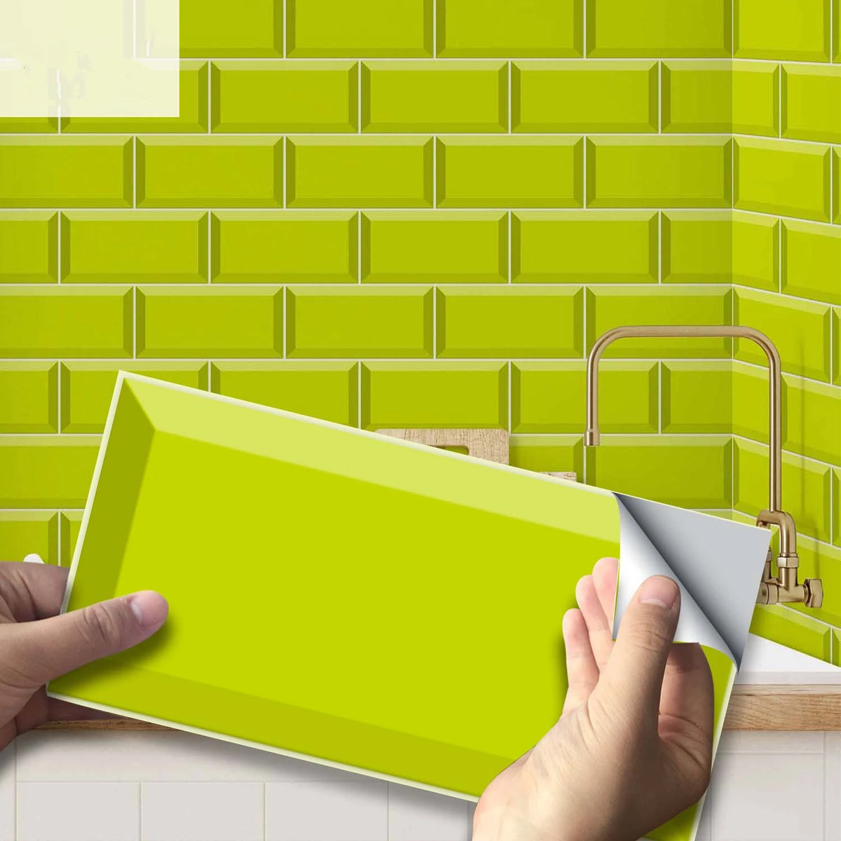 Peel-and-stick brick tile decal sheet in bright lime green for walls