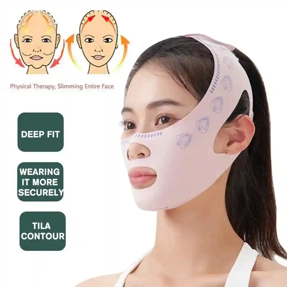 A woman wears a pink, patterned V-line face slimming bandage with cutouts for the nose and mouth.