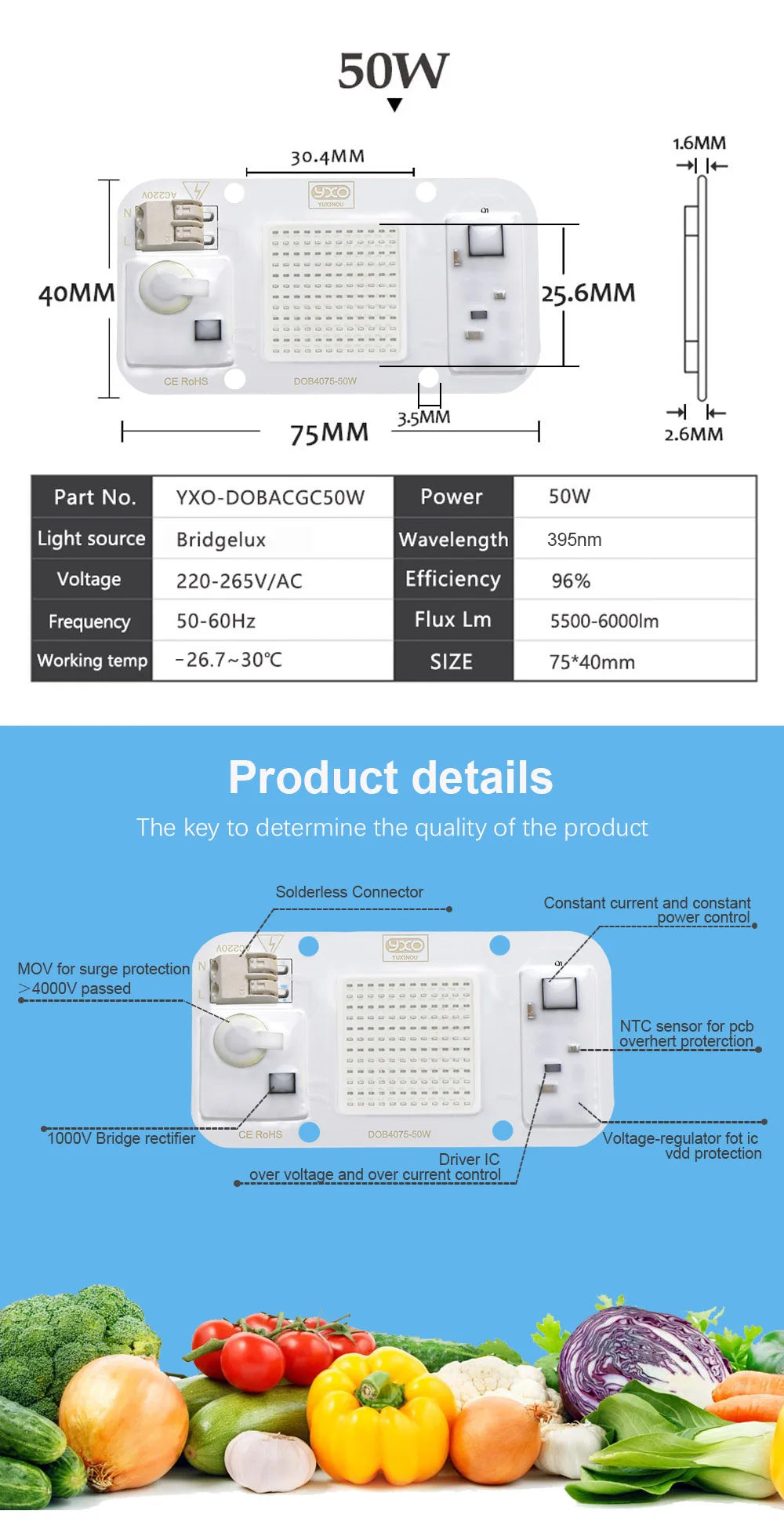 Quantum LED Grow Light Chip LM283B+ 100W 50W DOB COB Full Spectrum Welding Free 220V 110V LED Chip For Indoor Plants