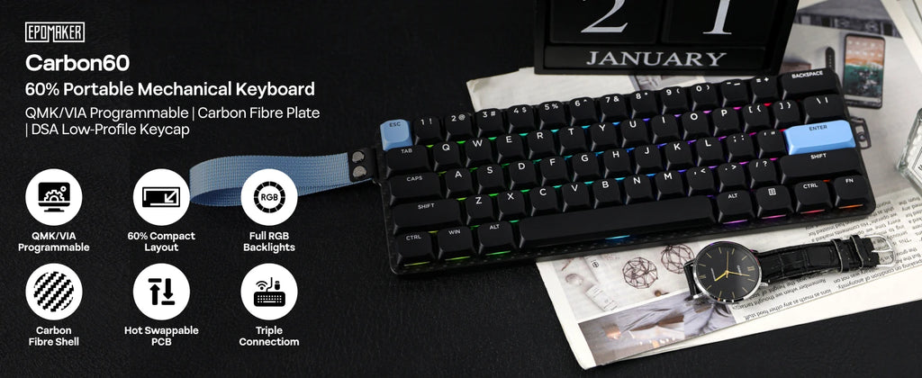 EPOMAKER Carbon60 60% ANSI US Layout Tri-mode Wireless Mechanical Keyboard with QMK/VIA Programmable & RGB Backlights