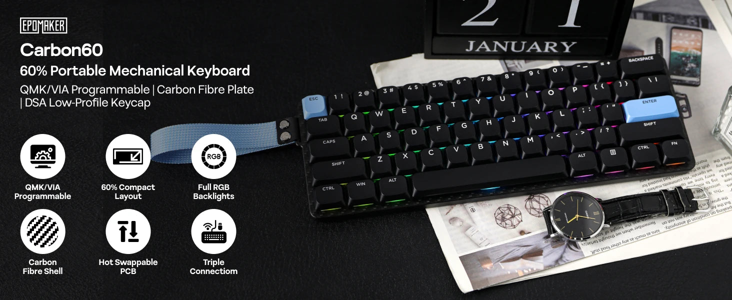 EPOMAKER Carbon60 60% ANSI US Layout Tri-mode Wireless Mechanical Keyboard with QMK/VIA Programmable & RGB Backlights