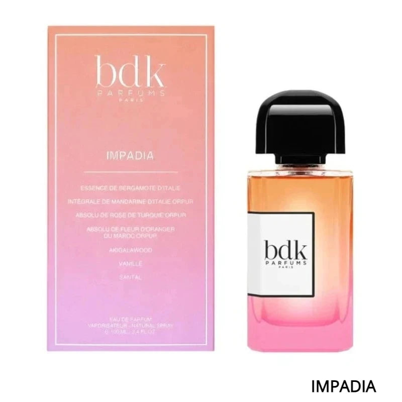 BDK Parfums Impadia EDP 100ml: luxury niche fragrance with bergamot, rose, and vanilla in a sleek rectangular bottle.