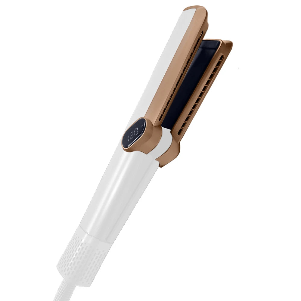 White and gold 2-in-1 hair straightener and dryer with LCD display, ion technology, and professional styling plates.
