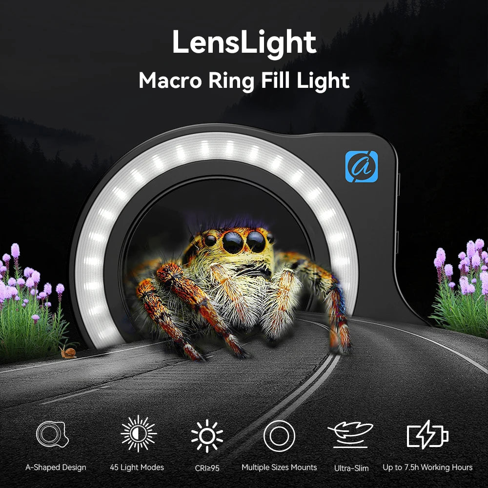 Black circular macro ring light for smartphone cameras, featuring adjustable LED brightness for close-up photography.