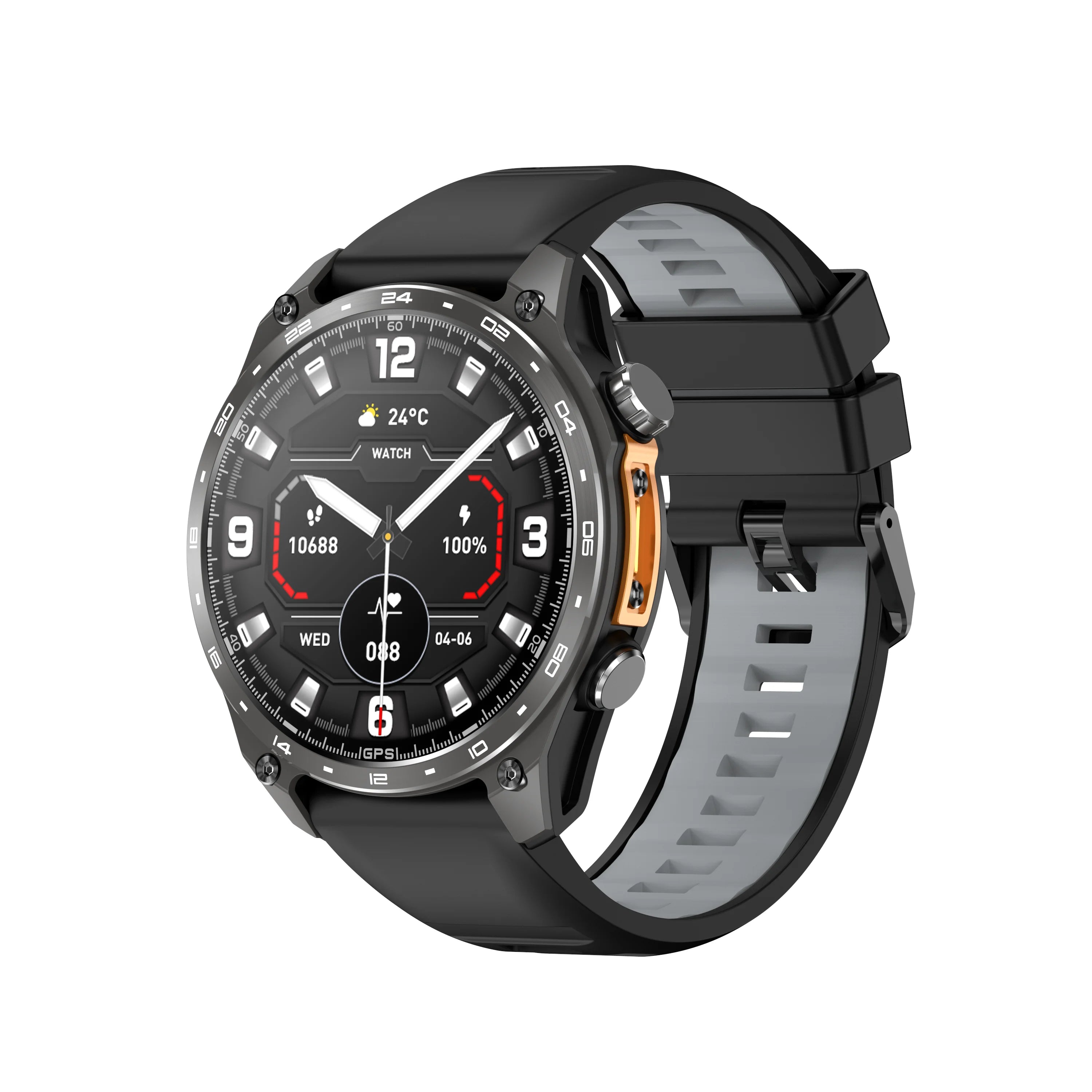 Black GPS smartwatch with round touchscreen and sport band, front close-up