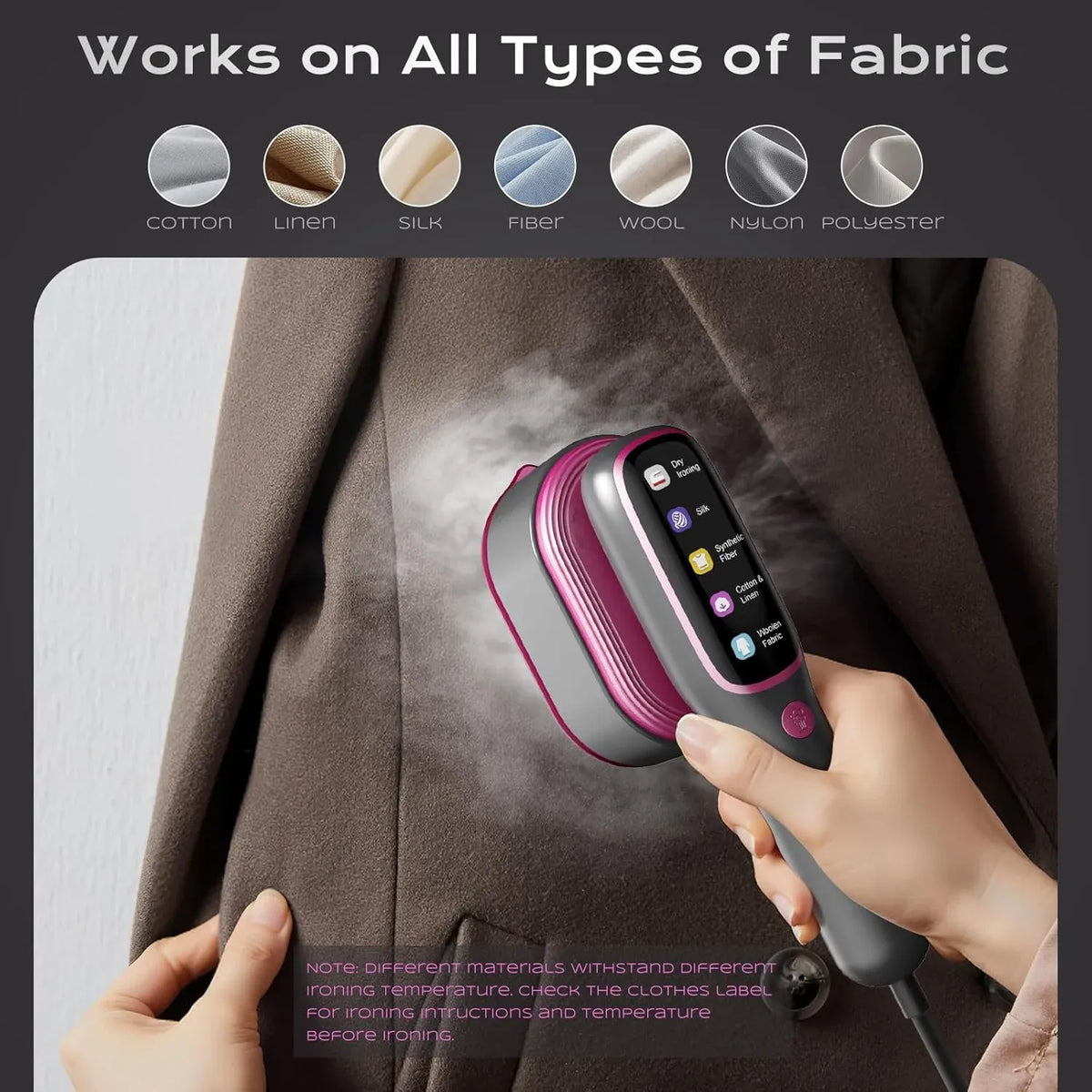 Handheld garment steamer smoothing wrinkles on a brown blazer with steam, featuring a digital display for fabric types.