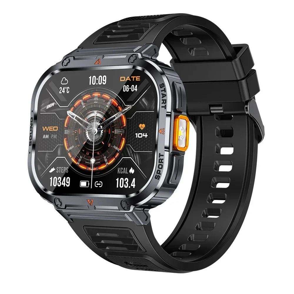 Black smartwatch with round screen, orange highlights, and textured silicone sports strap