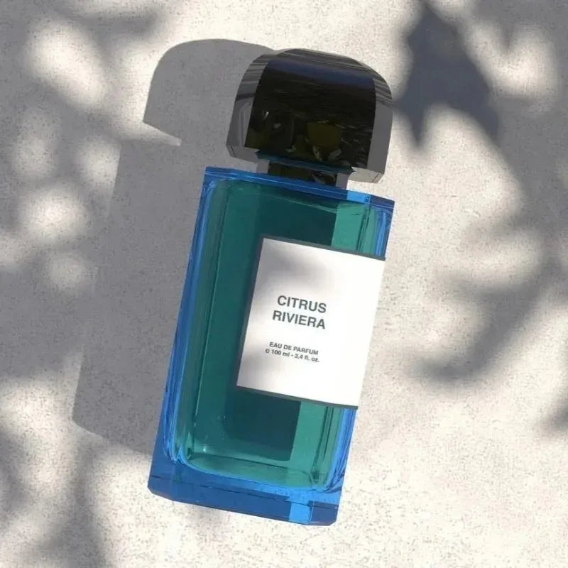 Citrus Riviera 100ml Eau de Parfum, a luxurious blue rectangular glass bottle for men and women, citrus scent notes.