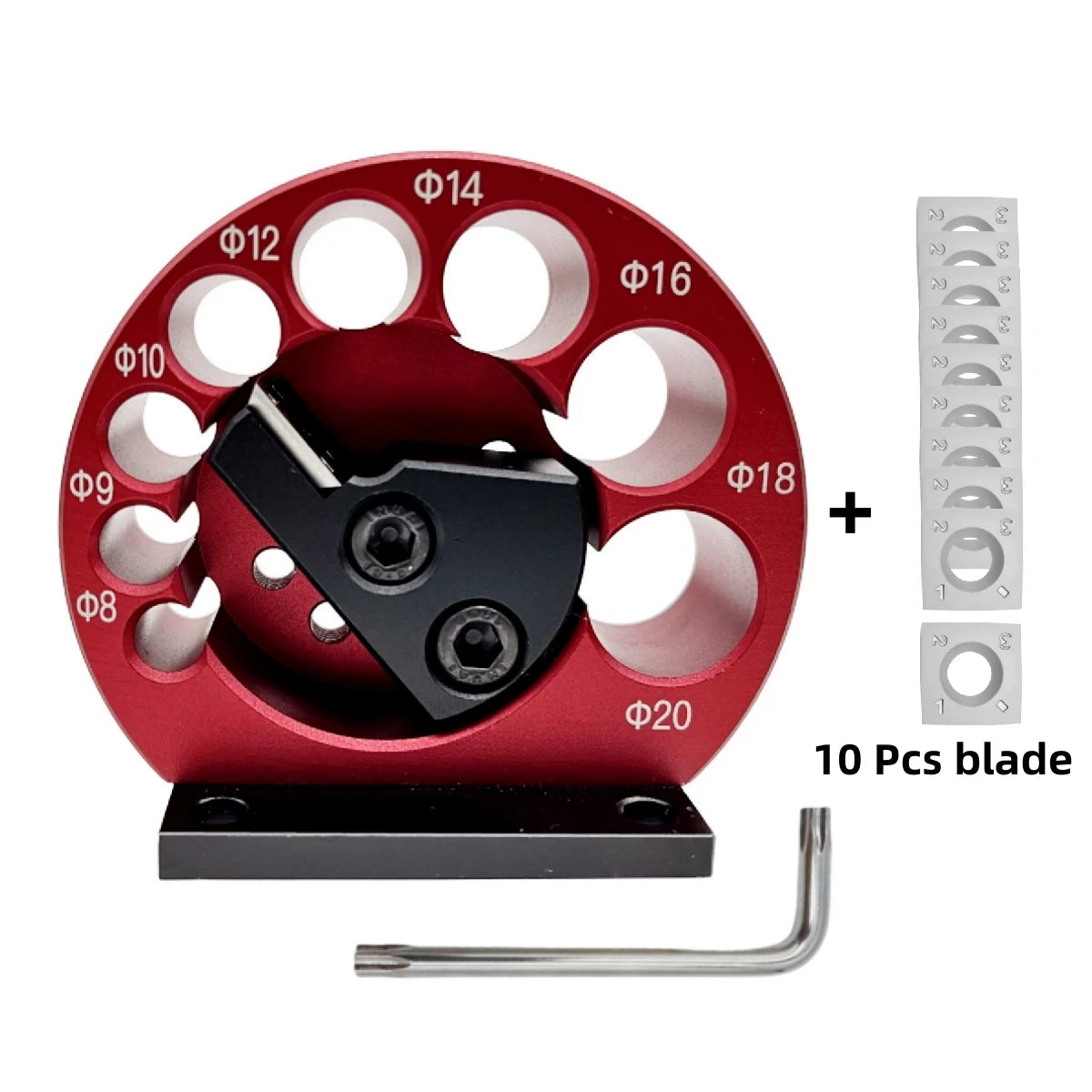 8-hole dowel maker jig kit with red drill guide wheel, black cutter head, L hex wrench