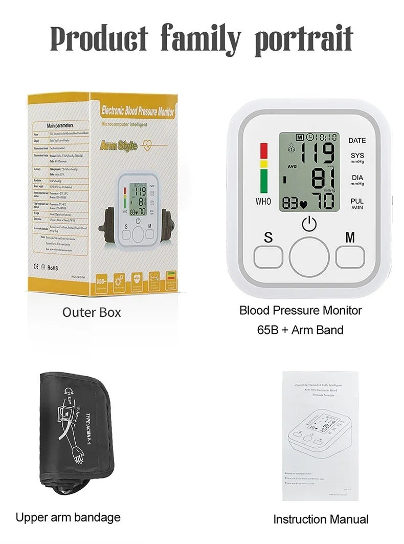 Digital Blood Pressure Meter Medical Voice Arm BP Sphygmomanometer Automatic Tonometer Tensiometer Pulse Heart Rate Health Meter