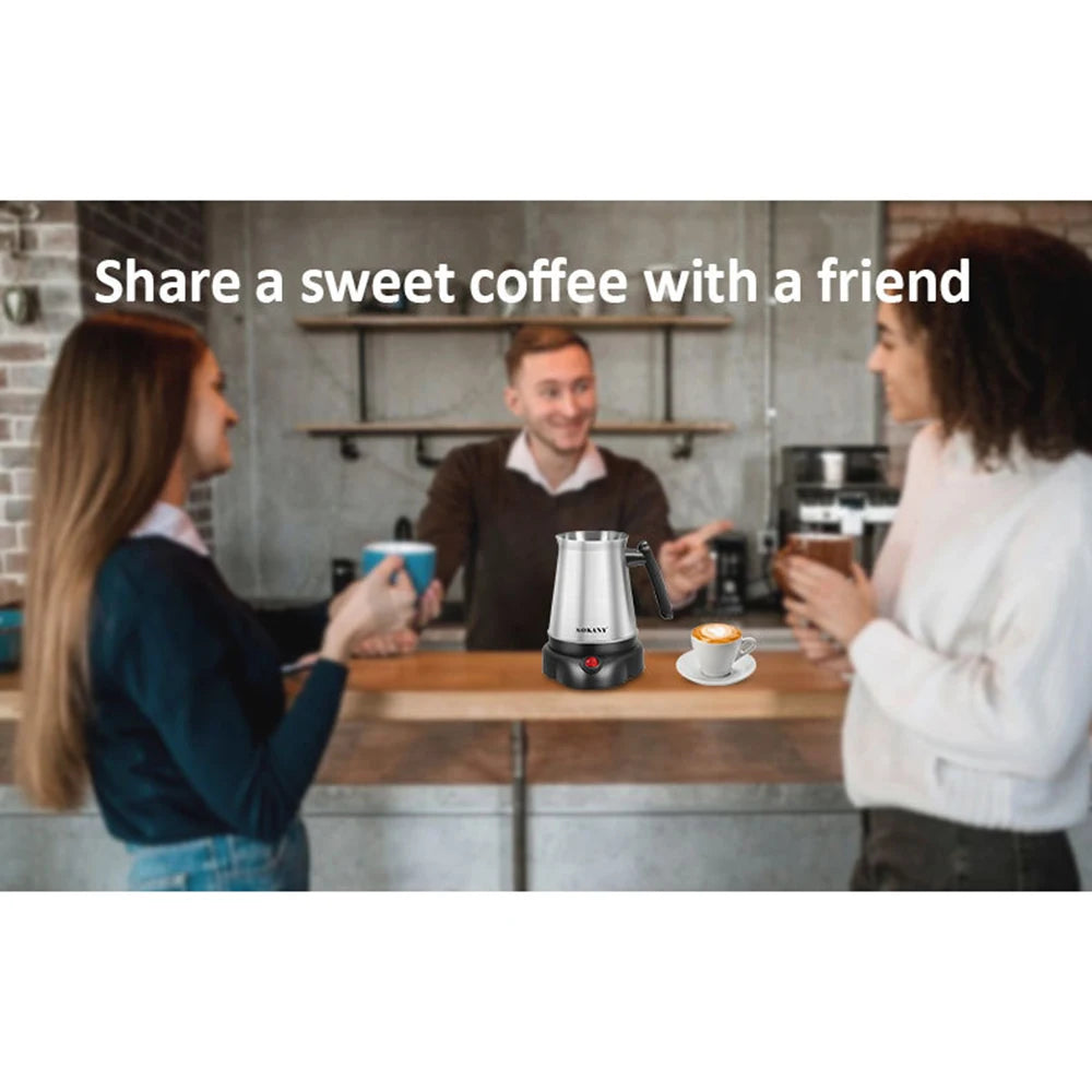 Sokany stainless steel electric coffee maker and milk frother on a wooden counter with friends in a cafe.
