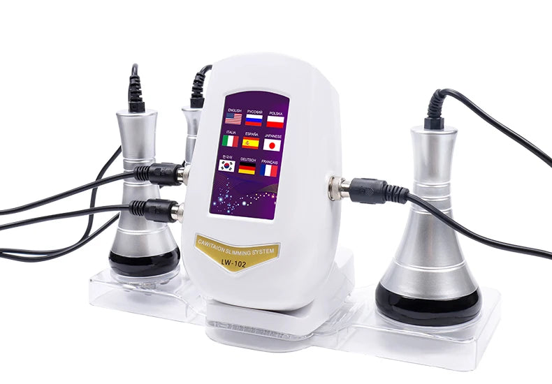 White 3-in-1 cavitation slimming machine with three silver metal applicator probes and a digital touchscreen display.