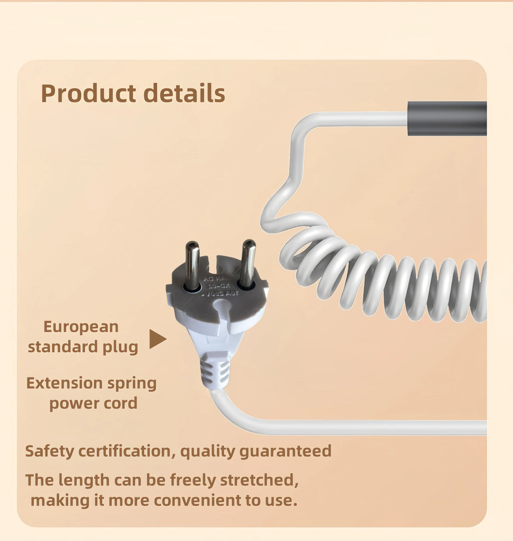 Gmdq wall-mounted hair dryer European standard 2-pin plug with flexible, stretchable white coiled spring power cord.