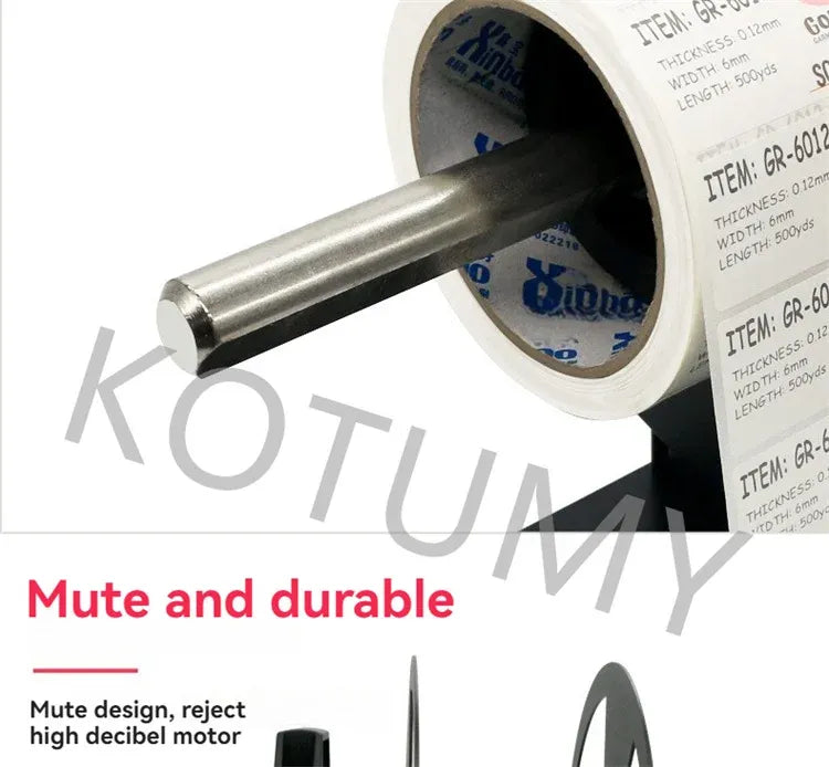 Barcode label rewind roller with clear white label roll and black mounting plate