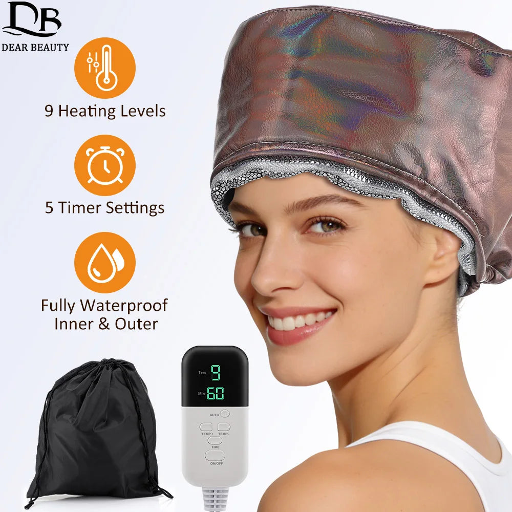Holographic PU leather hair steamer cap with 9 heat levels, 5 timer settings, waterproof design, and digital controller.
