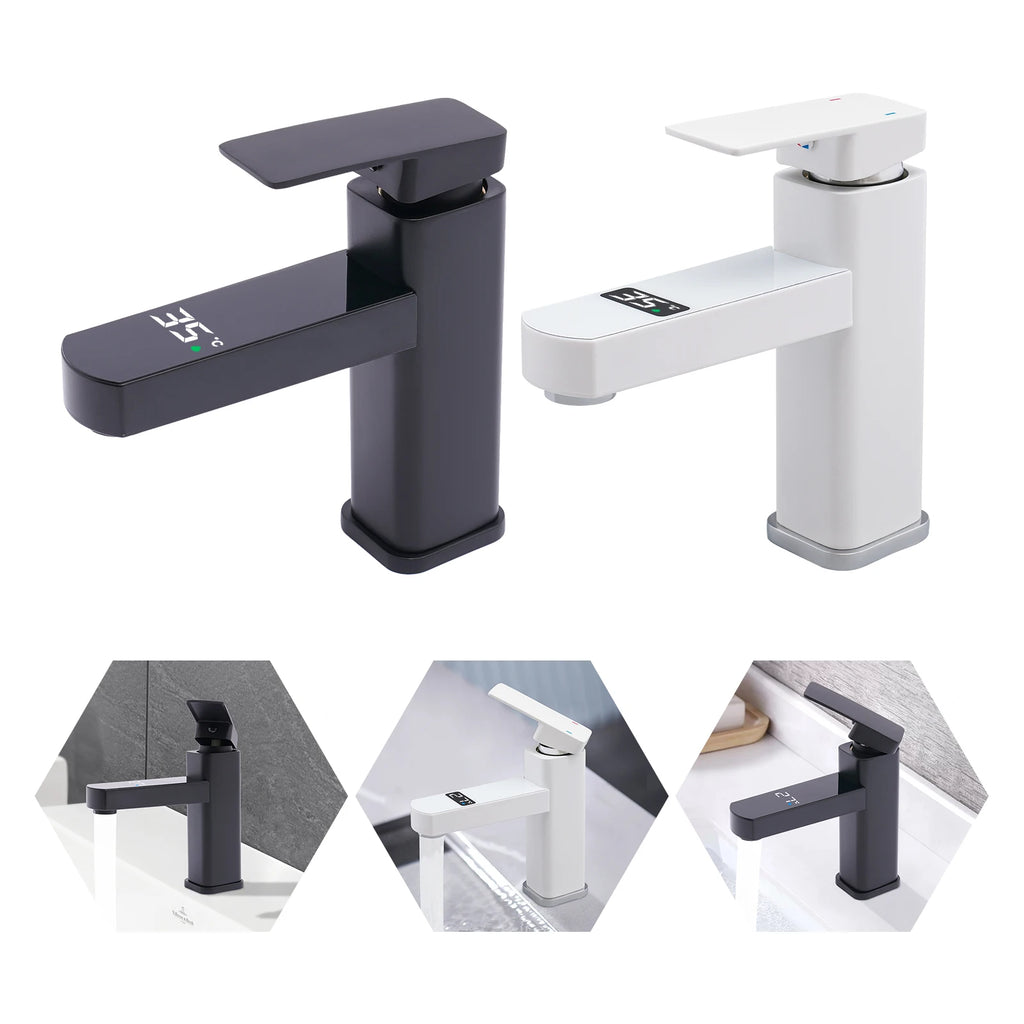 Black/White LED's Smart 0-99°C Temperature Digital Display Faucet 10.5*17.5cm G1/2" Deck Mount Basin Faucet