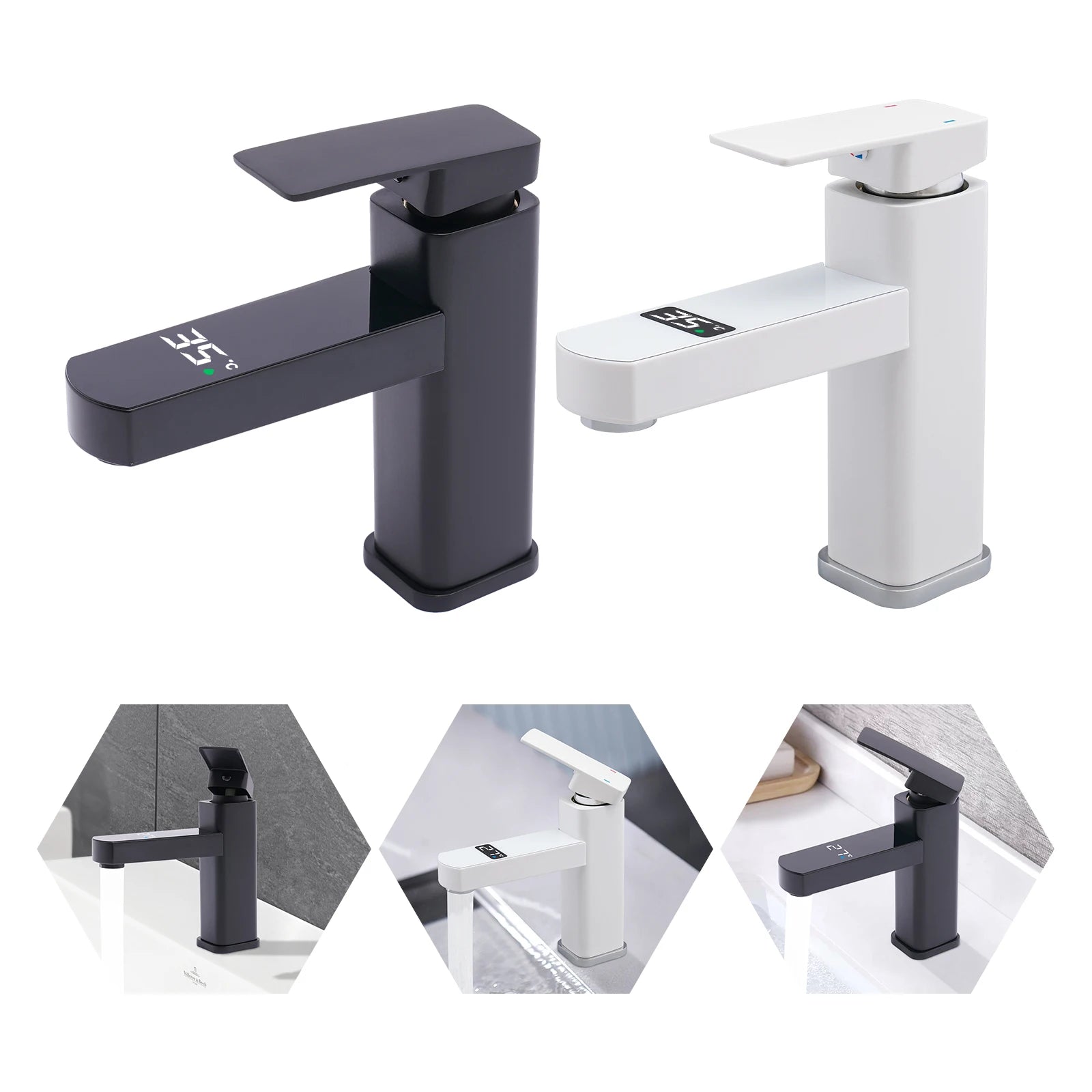 Black/White LED's Smart 0-99°C Temperature Digital Display Faucet 10.5*17.5cm G1/2" Deck Mount Basin Faucet