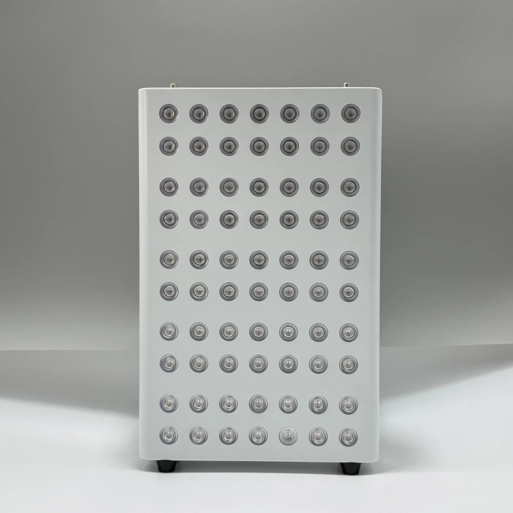 White LED red light therapy panel for face and body, featuring a grid of infrared bulbs for anti-aging and pain relief.