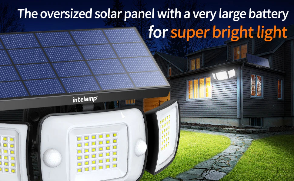 Intelamp Top Brand Long Life 4000Mah Outdoor Solar Led Lights Spotlight Large Solar Panel With 3 Modes Two Motion Sensors Security Flood Light Wall Lamp For Garden Yard Garage