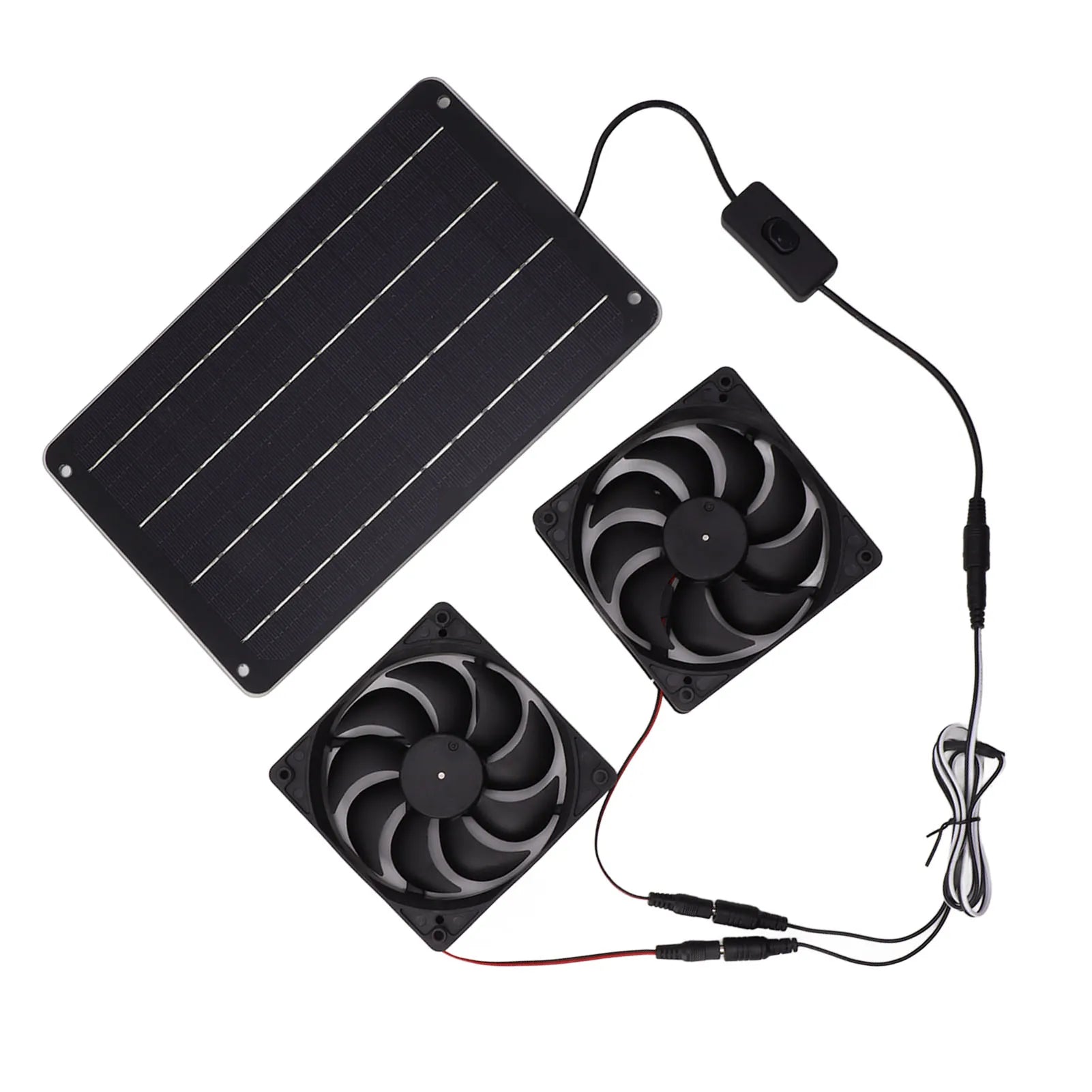 20W solar-powered dual fan kit with switch for cooling pet houses, RVs, and greenhouses. Efficient energy-saving system.