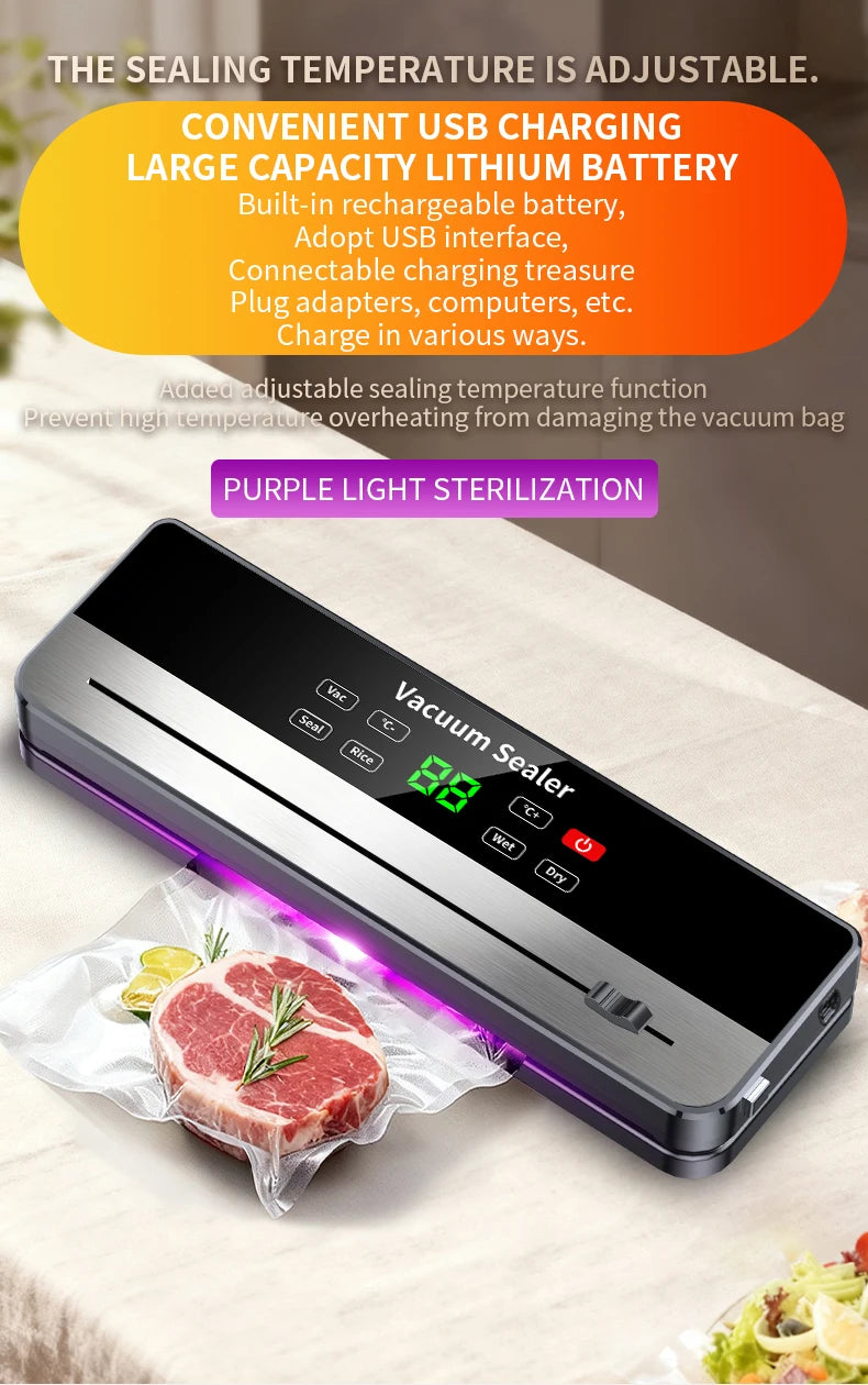 Portable Vacuum Sealer with Strong Suction & USB Wireless Charging | Dry/Wet Food Sealing for Kitchen