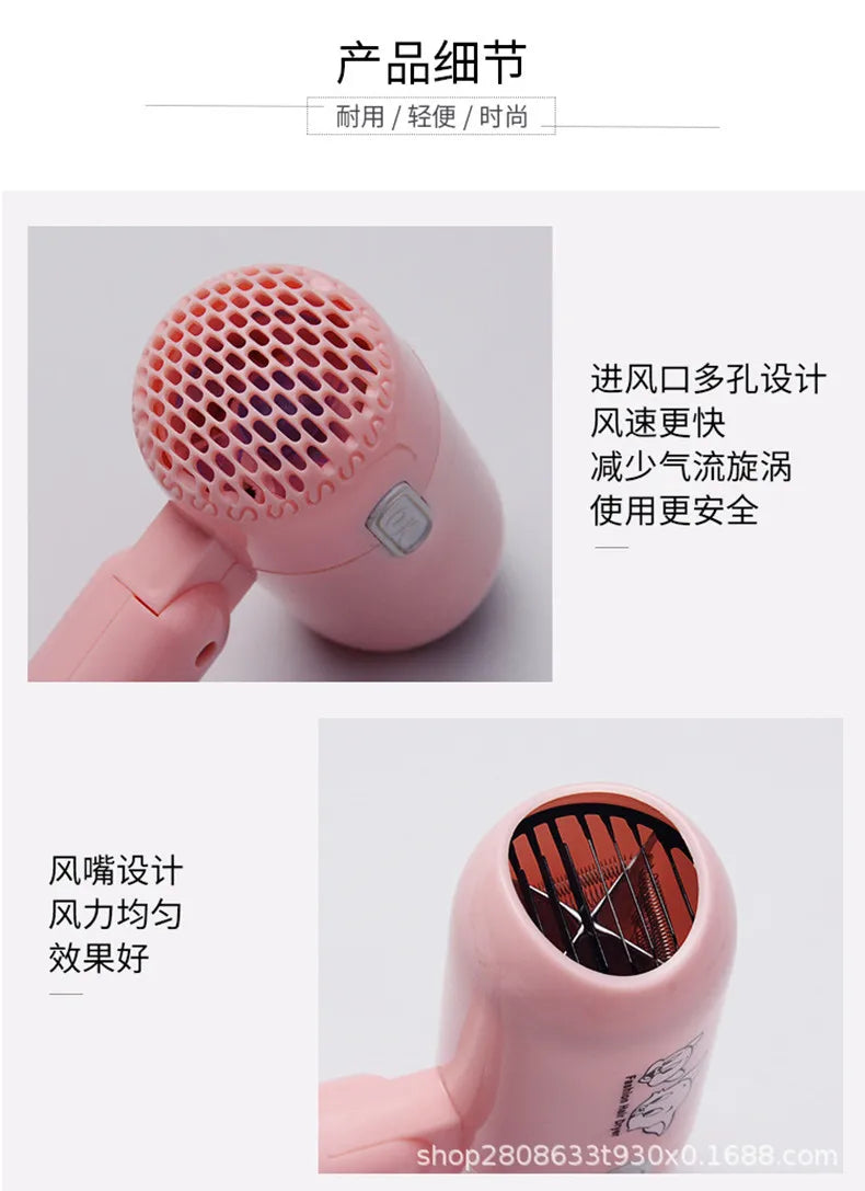Pink foldable mini hair dryer with ionic blue light tech, high-power airflow, and safe, compact portable design.