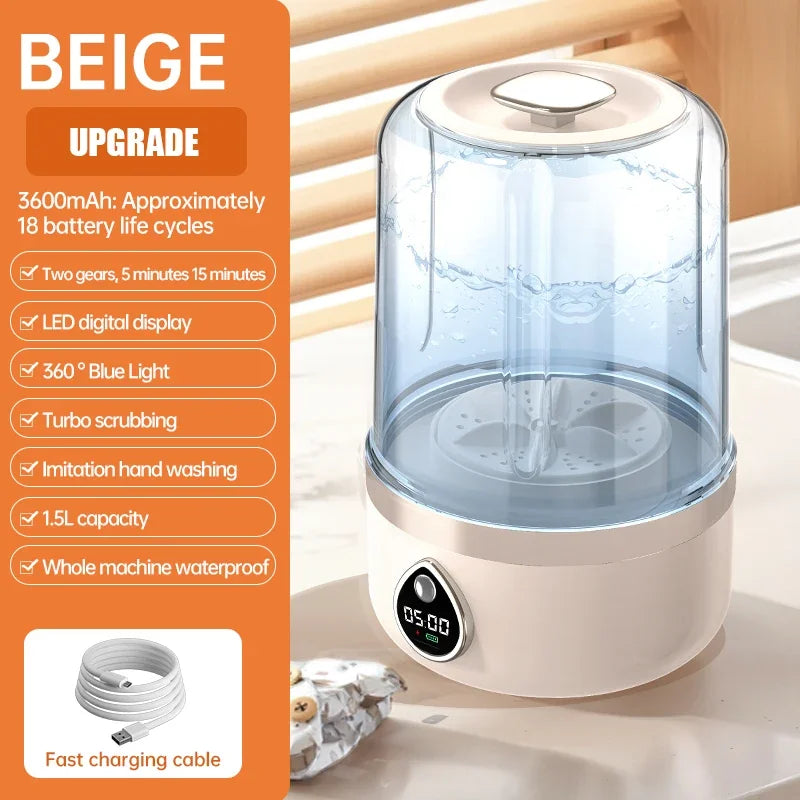Tidesmit 1.5L portable wireless underwear and socks washing machine with LED laundry bucket, side angle view.
